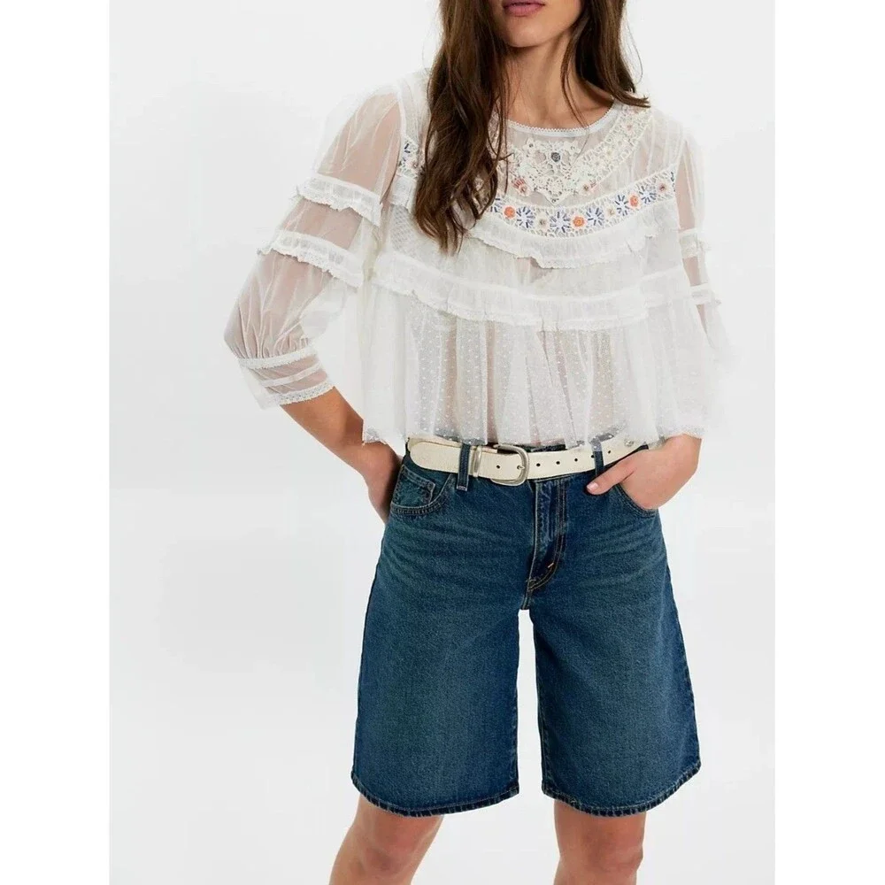 Free People Daisy Daze Blouse Top Ruffle Embroidered Lace Sheer Sequin XS 289937